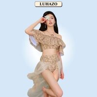 Bikini đi biển set 2 mảnh đồ bơi áo trễ vai croptop quần tam giác kín đáo vitage  hoa nhẹ nhàng có tà 986938 D2T5