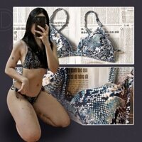 Bikini Đồ Bơi Đi Biển 2 Mảnh họa tiết da rắn xanh coban chun mông cổ tim hở lưng cài khóa 2 dây sexy quyến rũ