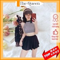 Bikini đồ bơi đi biển nữ yếm sọc cột cổ váy xòe The Queen 029