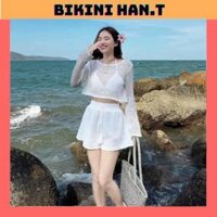 BIKINI, ĐỒ BƠI đi biển thời trang,3 chi tiết áo bra có mút quần short kèm áo KHOÁC REN LỖ tay dài chuẩn hình BiKiNi HANT