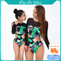 Bikini đồ bơi đôi cho mẹ và bé gái, áo tắm liền thân cặp mẹ con, kiểu Âu Mỹ gợi cảm, hình lá hoa Hawaii tươi trẻ | KT190