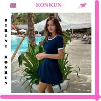 Bikini, đồ bơi nữ 1 mảnh váy liền thân pha trắng ngắn tay kín đáo KONKUN MS121