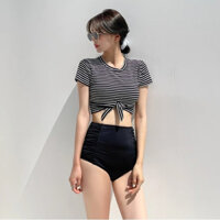 Bikini đồ bơi nữ 2 mảnh đi biển áo tay ngắn đen sọc trắng mix quần nhún 2 bên che bụng tôn dáng