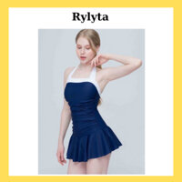 Bikini Đồ bơi nữ liền thân dáng váy xòe nhún bụng che khuyết điểm màu xanh đen kín đáo RYLYTA SR42