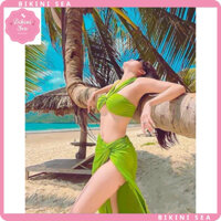 Bikini đồ bơi nữ set 3 món đi biển koen tròn quần tam giác kèm chân váy quây xoắn Hà Hồ