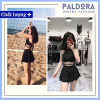 Bikini hai mảnh đồ bơi nữ đi biển áo yếm dây phối ren hở lưng váy xòe PALDORA030