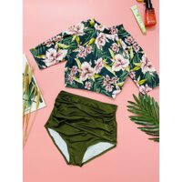 Bikini hai mảnh hoa lá  🏖️Freeship🏖️ lỡ tay quần che bụng cạp cao mặc đi biển đi bơi tại Hà Nội 👙