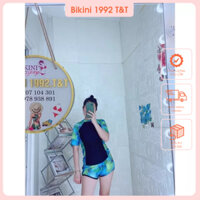 bikini hai mảnh tay ngắn thân đen tay bông kèm quần đùi viền bônh