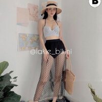 Bikini Hàn Quốc 3 Chi Tiết Chấm Bi Phối Chân Váy Lưới Tùng Xòe