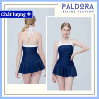Bikini một mảnh đồ bơi nữ liền thân màu xanh than dạng váy xòe dây cột phối trắng PALDORA005
