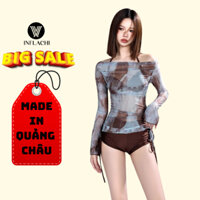 Bikini nữ đi biển 2 mảnh INFLACHI set 3 chi tiết áo bra quần đùi kèm áo trễ vai lưới retro loang xanh 9140 - 9584 A-29.1