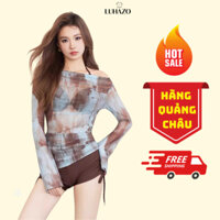 Bikini nữ đi biển LUHAZO 2 mảnh set 3 chi tiết áo bra quần đùi kèm áo trễ vai lưới loang xanh 9140 - 9584  A-29.1
