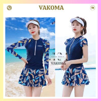 Bikini nữ đồ bơi 2 mảnh dáng váy có khoá kéo dài tay phối họa tiết đi biển đi bơi sang chảnh VAKOMA TT146