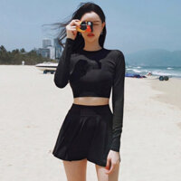 Bikini nữ đồ bơi đi biển 2 mảnh liền thân dài tay váy xoè sành điệu kín đáo kèm mút ngực- (B02)