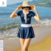 Bikini SENSEN đồ bơi nữ, bikini liền thân phối trắng dây đan lưng, đồ bơi nữ dáng váy có quần bảo hộ