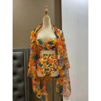 Bikini Set 3 Món Đồ Bơi Đi Biển Hoa Cam Kèm Khăn