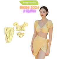 Bikini set 3 món, Đồ bơi đi biển tay bồng trễ vai phối khoen áo kèm khăn quấn mẫu mới 2024 (freesize 45-55 kg)
