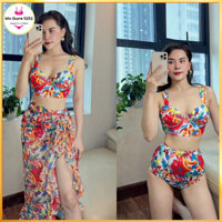 Bikini set 3 món# Đồ bơi đi biển hoa phượng đỏ kèm khăn mẫu mới BM-137