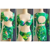 bikini sét 3 món tay dài đi biển nền xanh phối hợp 7 màu cực xinh