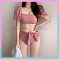 Bikini tay bồng, nơ eo cách điệu, màu hồng đỗ che khuyết điểm cực đỉnh