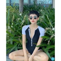 Bikini,Bodysuit tay ngắn có khóa kéo màu đen phối trắng Hiền Hồ