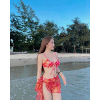 Bikini,set 3 món loang đỏ kèm khăn voan cao cấp ảnh thật kèm Feedback MANILA