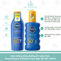 [Bill UK] Kem chống nắng dưỡng ẩm toàn thân Nivea Protect & Moisture Sun High SPF 30-50 200ml