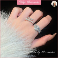 BILY - Nhẫn hở đính đá zircon phối ngọc lấp lánh đơn giản dễ phối đồ đi tiệc sinh nhật đám cưới sự kiện sang trọng