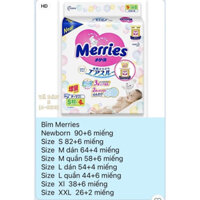 BỈM Merries cộng miếng NỘI ĐỊA NHẬT ĐỦ SIZE NEWBORN96/S88 / M64 / L58 / M68 / L50 / XL44 DÁN/QUẦN