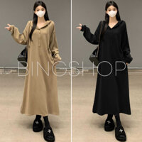 Bingshopvn Đầm suông nữ , váy suông cổ mũ tay dài túi eo vải nỉ tăm dáng rộng