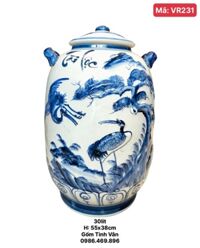 Bình bí ngâm rượu 30 lit, mã VR231,hoạ tiết đắp nổi 3D, hoa văn trắng xanh lam, gốm Bát Tràng Tinh Vân