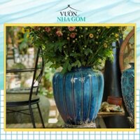 Bình cắm hoa dáng bầu lớn, Bình trang trí để bàn hoạ tiết dây lá và bổ ô- Vườn nhà Gốm