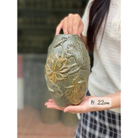 Bình cắm hoa, lọ hoa gốm sứ Bát Tràng men rêu đắp hoạ tiết HOA SEN