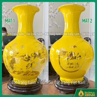 Bình củ tỏi Bát Tràng men vàng vẽ vàng sen cá phúc - Bình hoa dáng tỏi