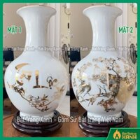 Bình củ tỏi Bát Tràng men trắng vẽ vàng - Bình cắm hoa dáng tỏi - Hút lộc củ tỏi vẽ đôi công  - Bình phong  thuỷ củ tỏi
