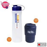 Bình đựng nước 1 lít kèm cốc uống nước nắp xoay 320ml có lỗ cắm ống hút - Bình 1 lít - cốc 320ml xanh