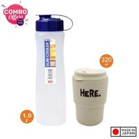 Bình đựng nước 1 lít kèm cốc uống nước nắp xoay 320ml có lỗ cắm ống hút - Bình 1 lít - cốc 320ml kem