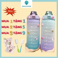 Bình Đựng Nước 2 Lít Cute Dành Cho Người Lười Uống Nước, Tập Gym Nhắc Thời Gian Uống Nước Chia Vạch Tặng Sticker DAC007