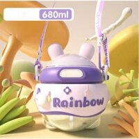 Bình đựng nước 680ml cute bình đựng nước cho bé có dây đeo kèm ống hút và sticker dễ thương