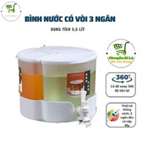 Bình đựng nước có vòi 3 ngăn riêng xoay tròn 360 - Bình nhựa cao cấp 5.2L tháo lắp đa năng để bàn