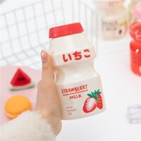 Bình đựng nước hình chai sữa chua Yakult 480ml in họa tiết hoa quả dễ thương,kèm dây đeo - Bình nắp đỏ - Dây hồng