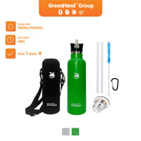 Bình giữ nhiệt 48H GreenHand inox cao cấp 1000ml kèm túi vải, gói 2 nắp, bộ ống hút và cọ vệ sinh tiện lợi - Xanh lá