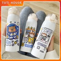 Bình Giữ Nhiệt 500ML Đựng Nước Cầm Tay Inox 304 Không Gỉ, Hình Dễ Thương Cho Học Sinh, Sinh Viên - Có Ống Hút Tiện Lợi