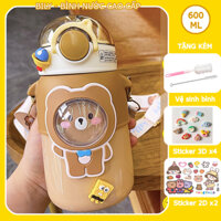 Bình giữ nhiệt 600ml INOX 316 hình gấu cute, Bình nước cho bé đi học có ống hút tặng kèm sticker 3D, 2D, bộ rửa bình