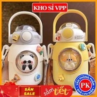 Bình giữ nhiệt 700ML inox 316 họa tiết cute đi học, cốc giữ nhiệt cho bé có dây đeo tặng sticker 3D, bộ rửa bình E172