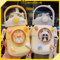 Bình giữ nhiệt 700ml inox 316 họa tiết cute có dây đeo chéo, bình nước cho bé tặng kèm sticker 3D, 2D, bộ rửa bình