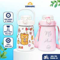 Bình giữ nhiệt 800ml SUNHOME mini, bình nước cute 1 lít cho bé khắc tên có ống hút, inox 304 giữ nhiệt tặng Sticker