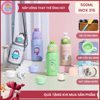 Bình giữ nhiệt cho bé đi học INOX 316 500ML bình nước trẻ em siêu dễ thương cute có dây đeo, có quà tặng kèm TL2322