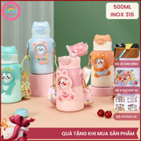 Bình giữ nhiệt cho bé đi học INOX 316 500ML bình nước trẻ em siêu dễ thương cute có dây đeo, có quà tặng kèm TL2331
