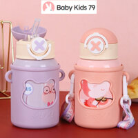 Bình giữ nhiệt cho bé hình thú bọc silicone 650ml có dây đeo xinh xắn an toàn cho bé